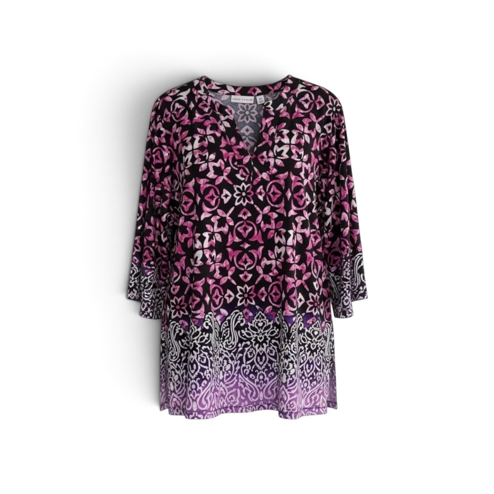 Susan Graver XL Liquid Knit Floral Paisley Border Flair Tunic Bell Sleeve EUC